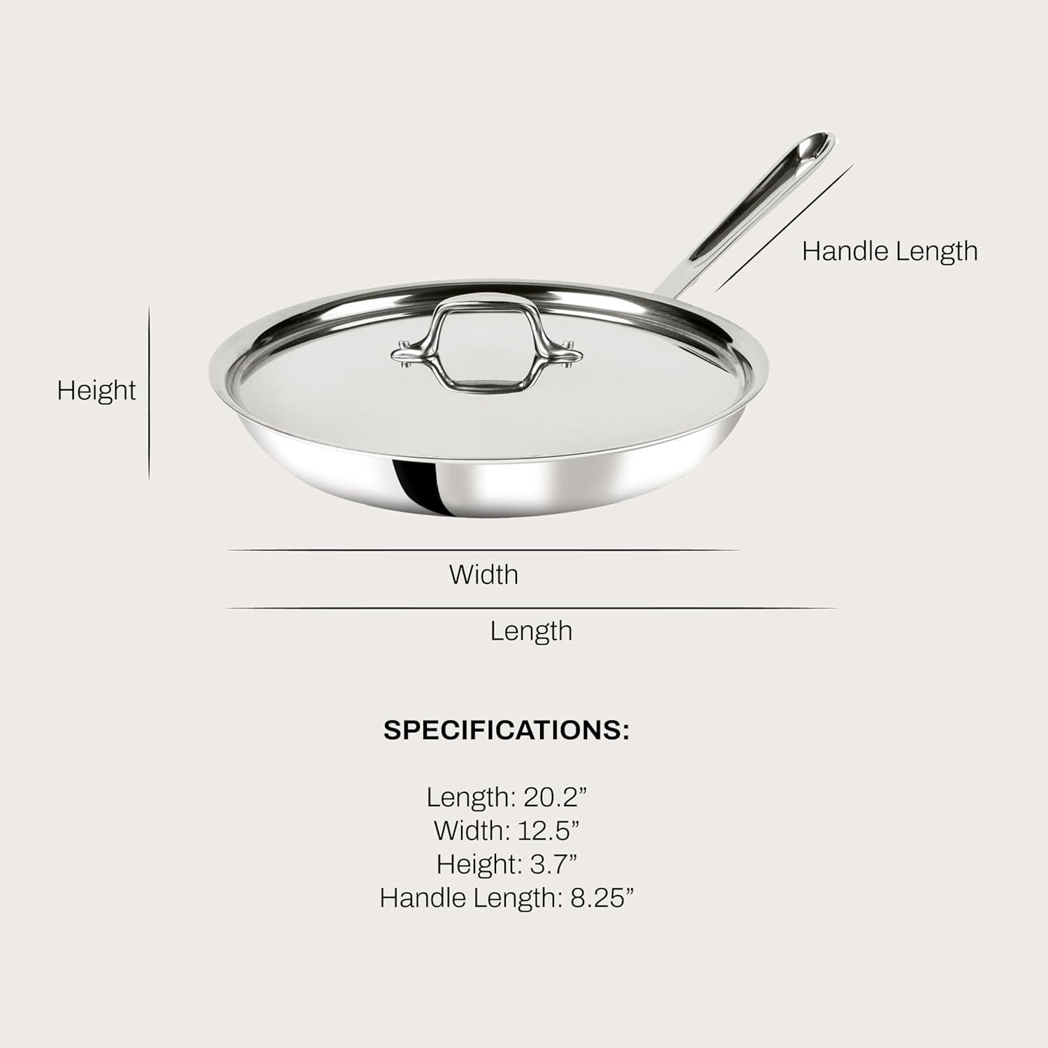 image:imageAllClad D3 12 Stainless Steel Frying pan WLid 3Ply Stainless Steel Pan Induction Oven Broiler Safe 600F Skillet Professional Cookware SilverSilver
