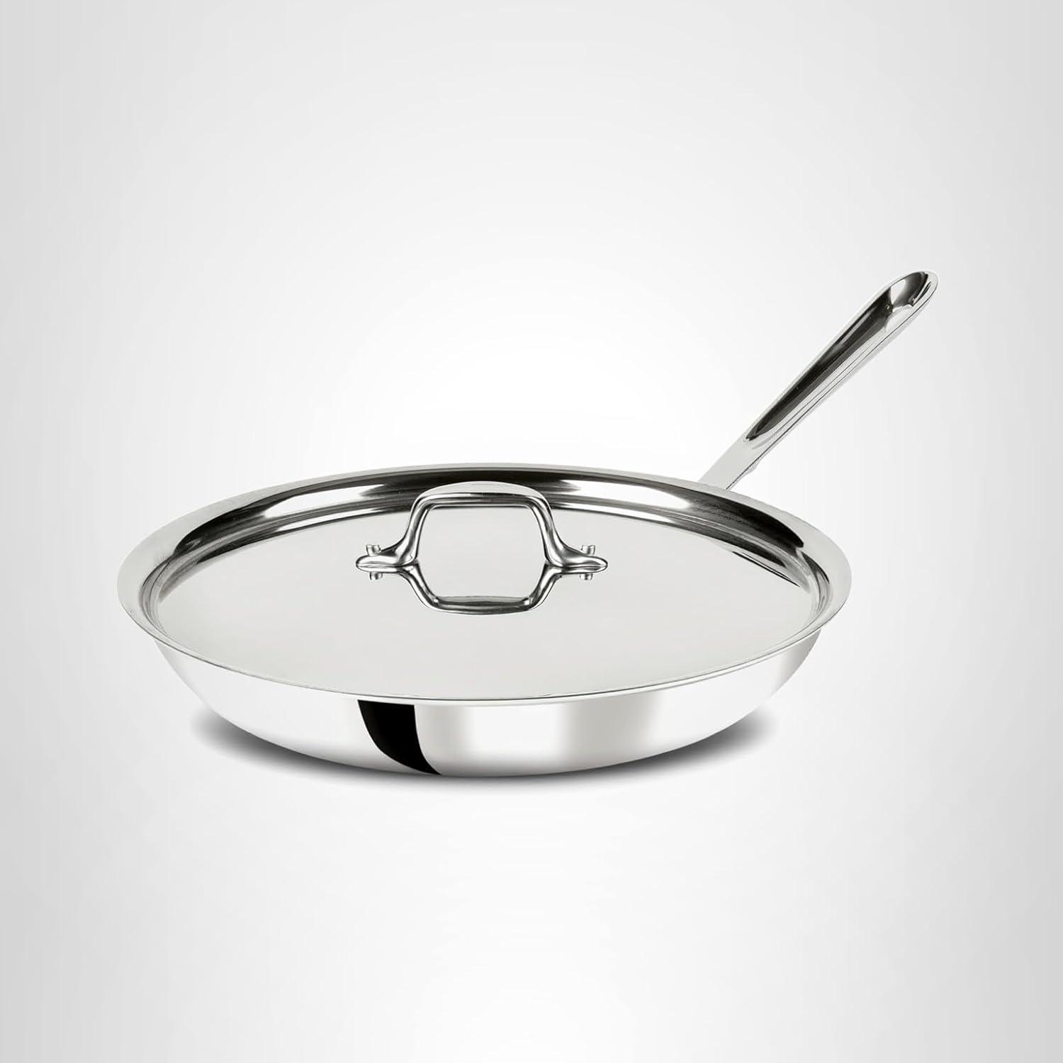 image:imageAllClad D3 12 Stainless Steel Frying pan WLid 3Ply Stainless Steel Pan Induction Oven Broiler Safe 600F Skillet Professional Cookware SilverSilver