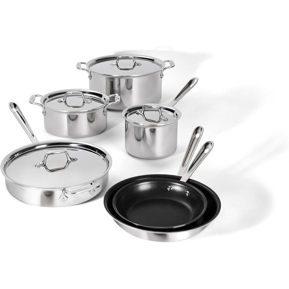 image:imageAllClad D3 3 Ply Stainless Steel Nonstick Bonded Cookware Set 10 Piece Oven Broiler Safe 600F Kitchen Cooking Set wFrying Pan Sauce Pan Saute Pan Stockpot Professional Pots amp Pans Set SilverStainless Steel Silver