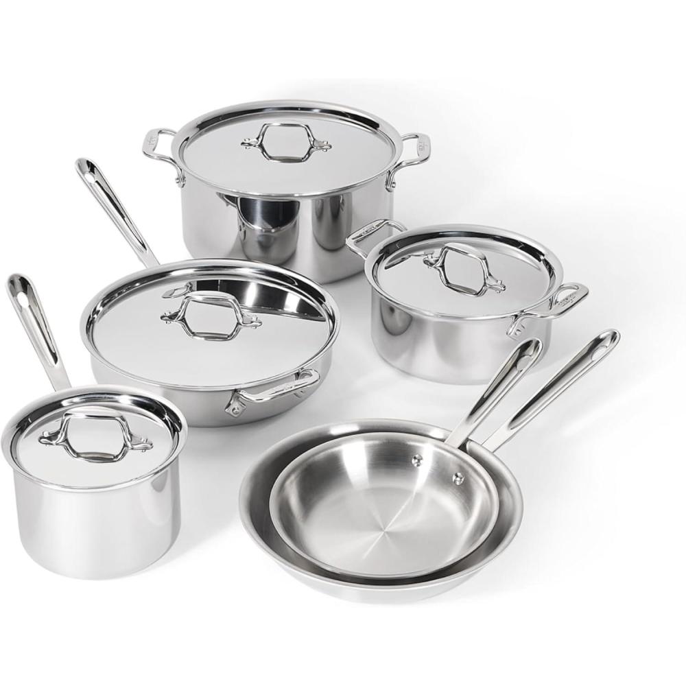 image:imageAllClad D3 3Ply Stainless Steel Cookware Set 10 Piece Induction Oven Broiler Safe 600F Kitchen Cooking Set w Frying Pans Saucepans Saute Pan Stockpot and Soup Pot Pots and Pans Silver