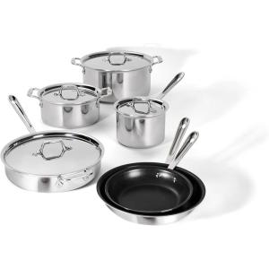 All-Clad D3 3 Ply Stainless Steel Nonstick Bonded Cookware Set 10 Piece, Oven Broiler Safe 600F, Kitchen Cooking Set w/Frying Pan, Sauce Pan, Saute Pan, Stockpot, Professional Pots & Pans Set Silver(Stainless Steel Silver)