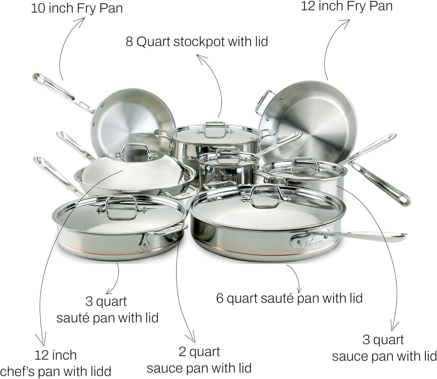 image:imageAllClad Copper Core 5Ply Stainless Steel Cookware Set 10 Piece Induction Oven Broiler Safe 600F Pots and Pans Silver14Piece