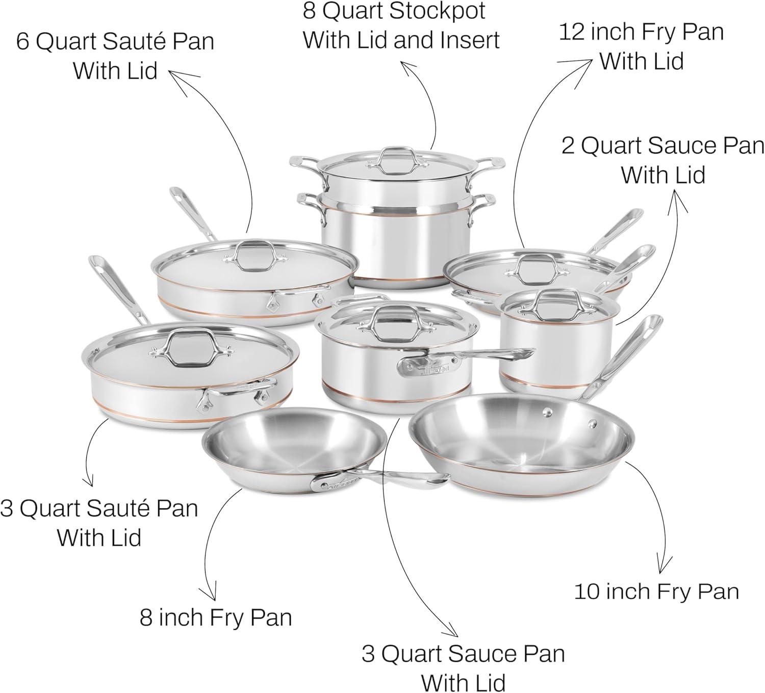 image:imageAllClad Copper Core 5Ply Stainless Steel Cookware Set 10 Piece Induction Oven Broiler Safe 600F Pots and Pans Silver15Piece