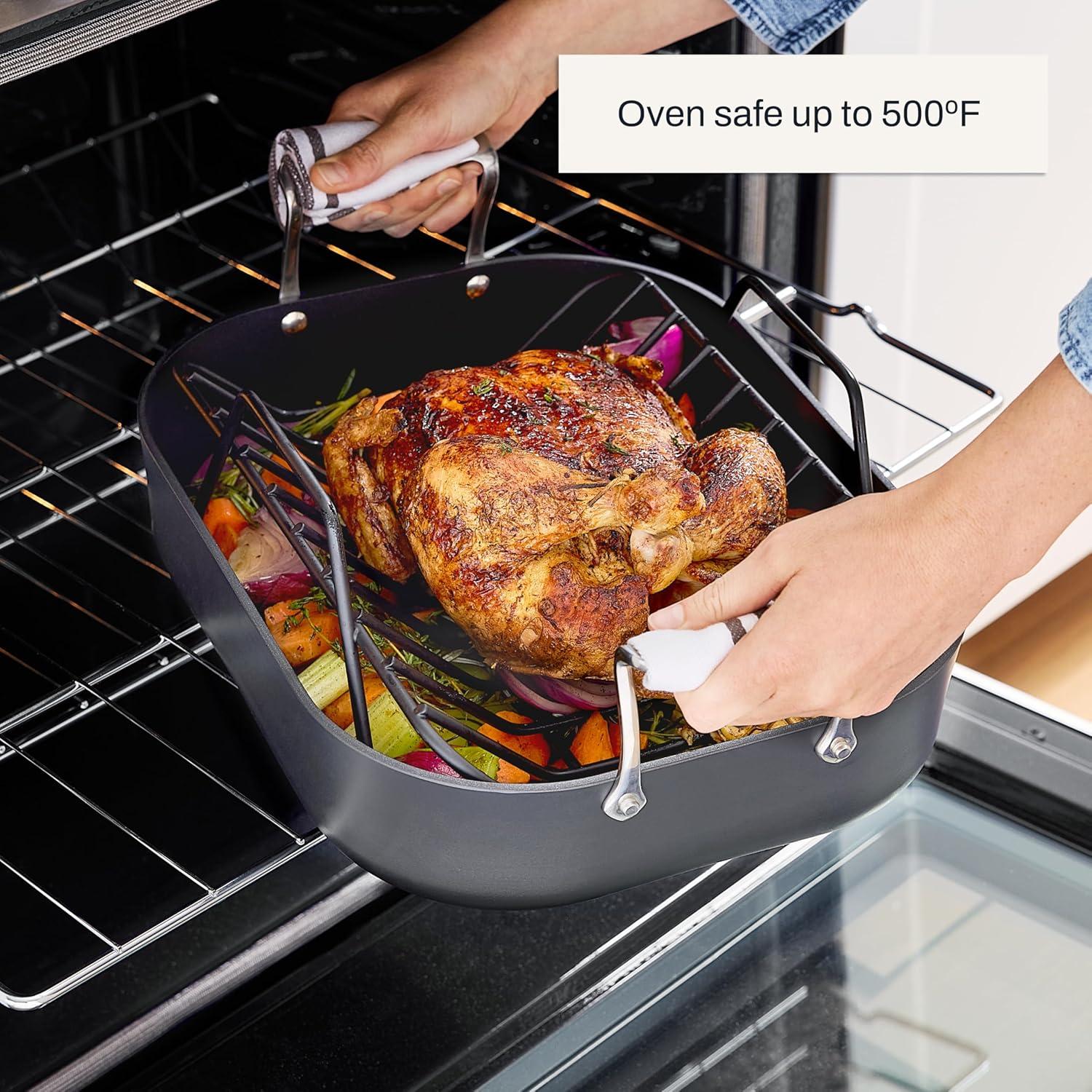 image:imageAllClad Essentials Hard Anodized Nonstick Roaster with Rack 11x14 Inch Oven Broiler Safe 500F Roaster Pan Pots and Pans Cookware Black11 x 14