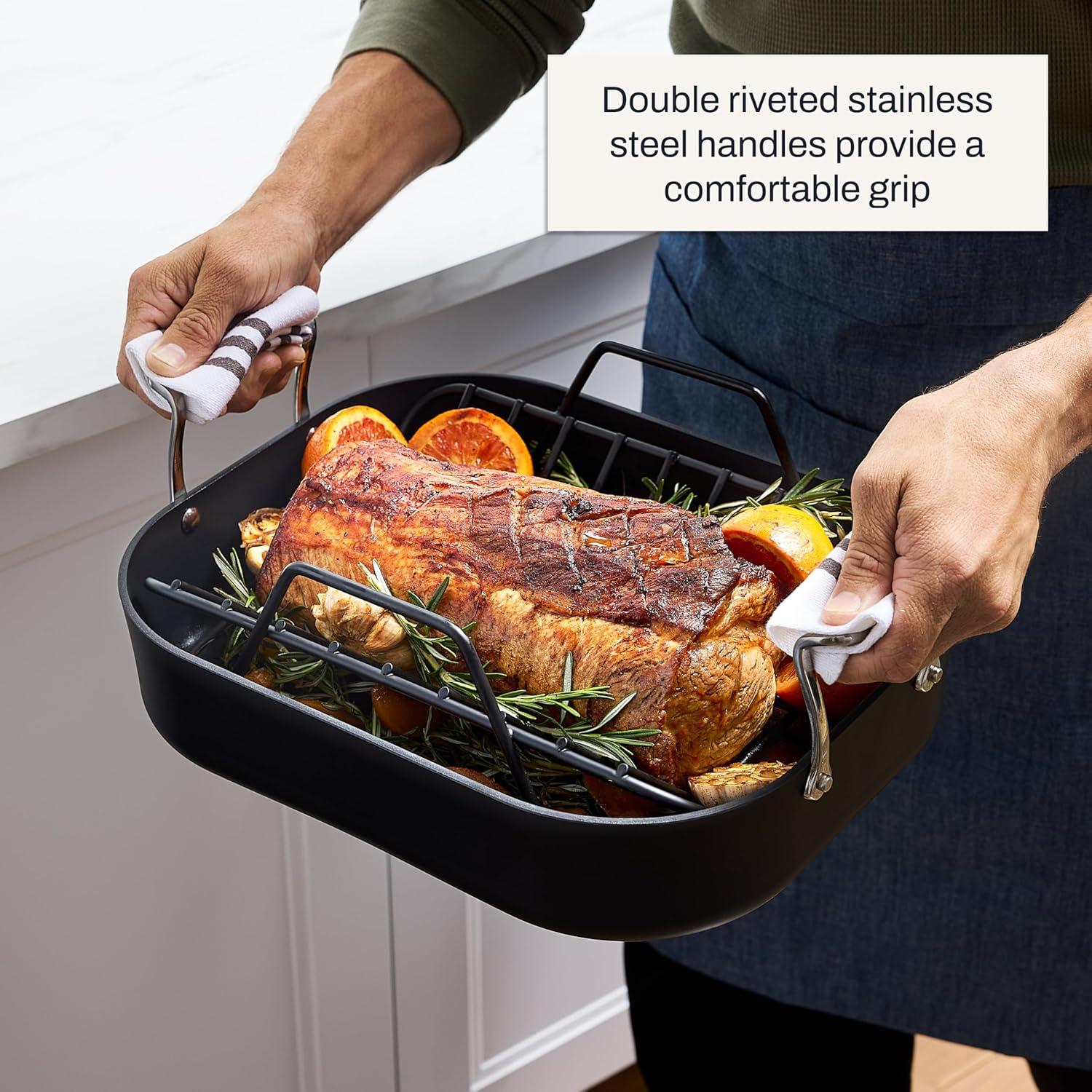 image:imageAllClad Essentials Hard Anodized Nonstick Roaster with Rack 11x14 Inch Oven Broiler Safe 500F Roaster Pan Pots and Pans Cookware Black11 x 14
