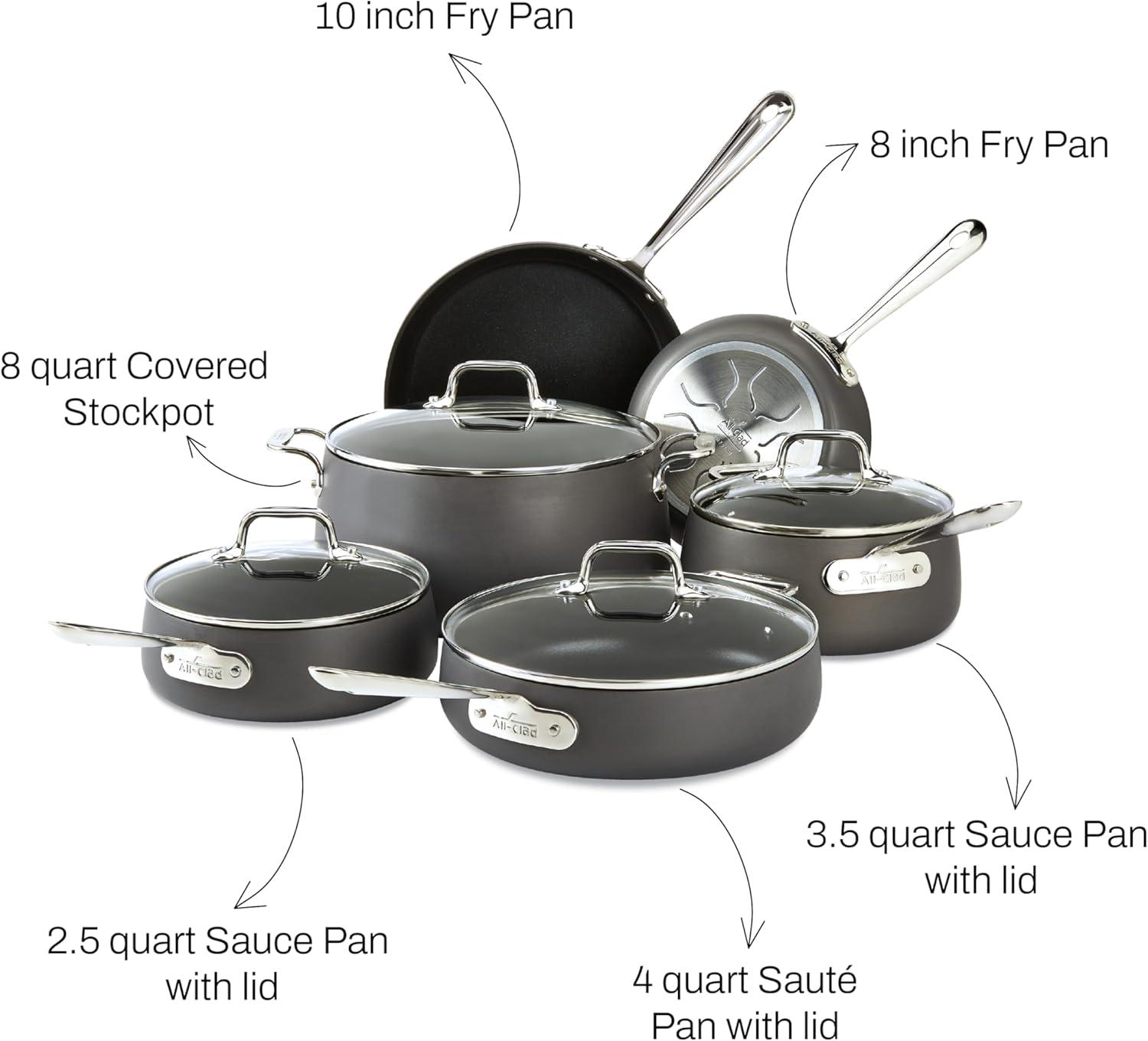 image:imageAllClad Essentials Hard Anodized Nonstick Sauce Pan Set 4 Piece 25 4 Quart Oven Broiler Safe 500F Pots and Pans Cookware Black10 Piece Set