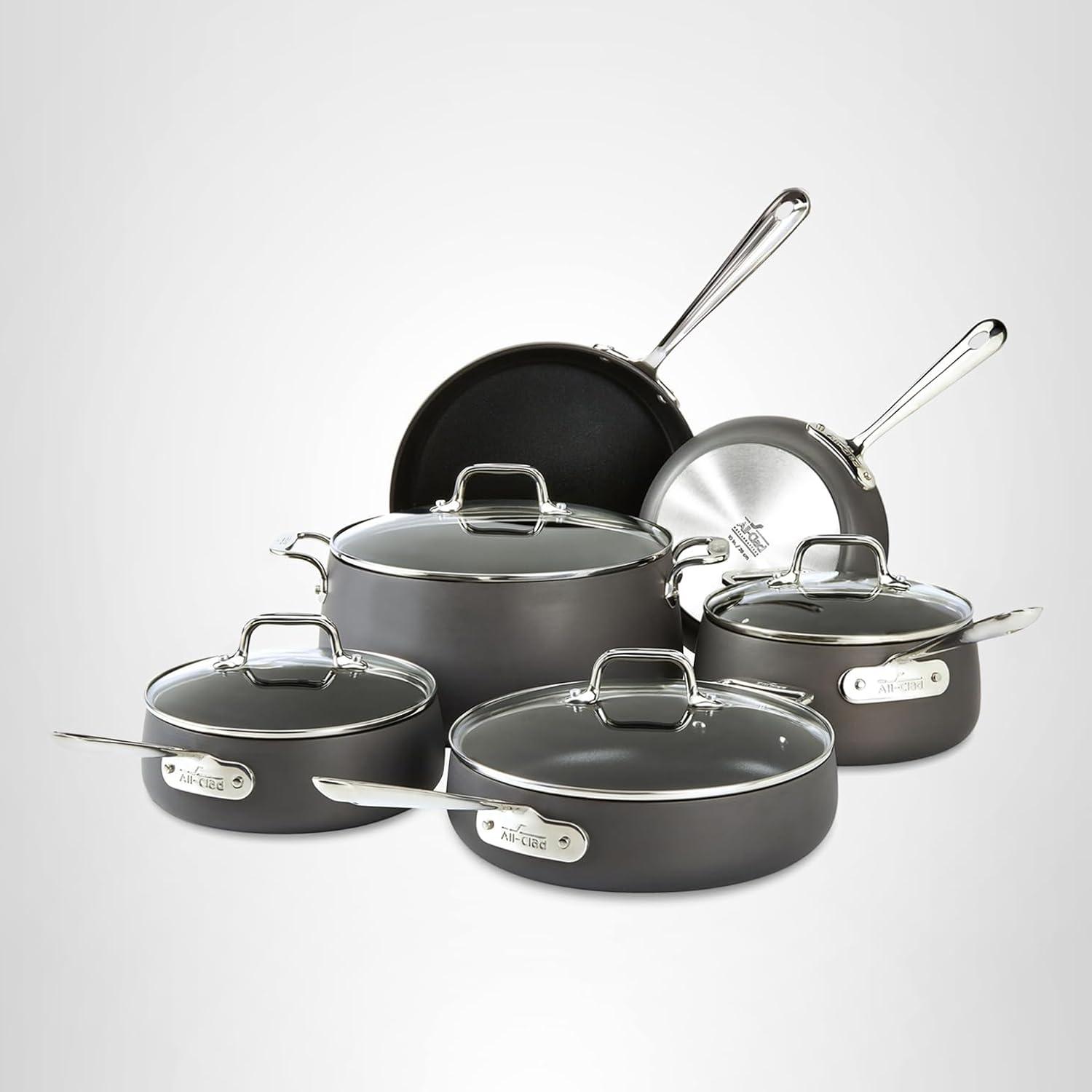 image:imageAllClad Essentials Hard Anodized Nonstick Sauce Pan Set 4 Piece 25 4 Quart Oven Broiler Safe 500F Pots and Pans Cookware Black10 Piece Set