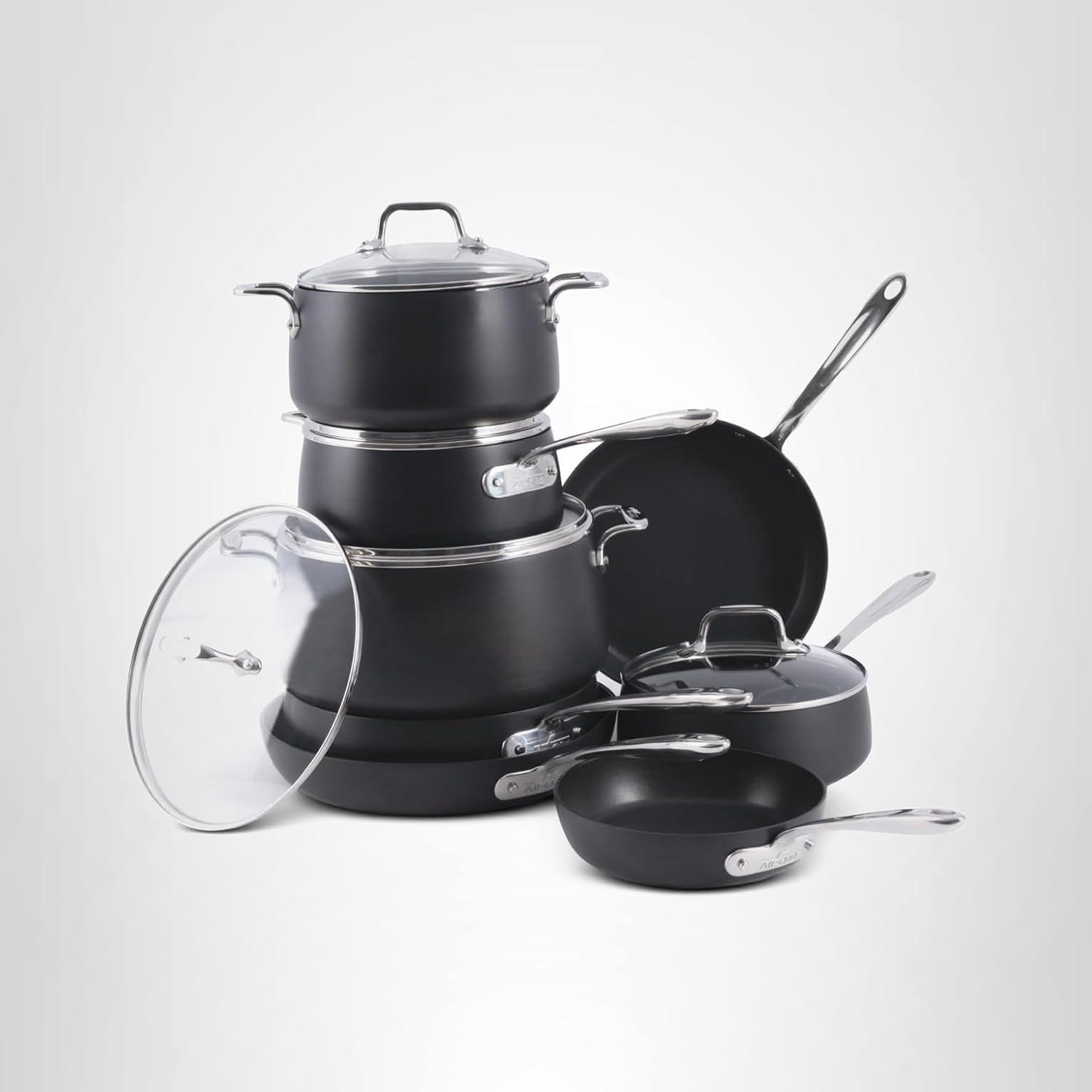 image:imageAllClad Essentials Hard Anodized Nonstick Sauce Pan Set 4 Piece 25 4 Quart Oven Broiler Safe 500F Pots and Pans Cookware Black13 Piece Set