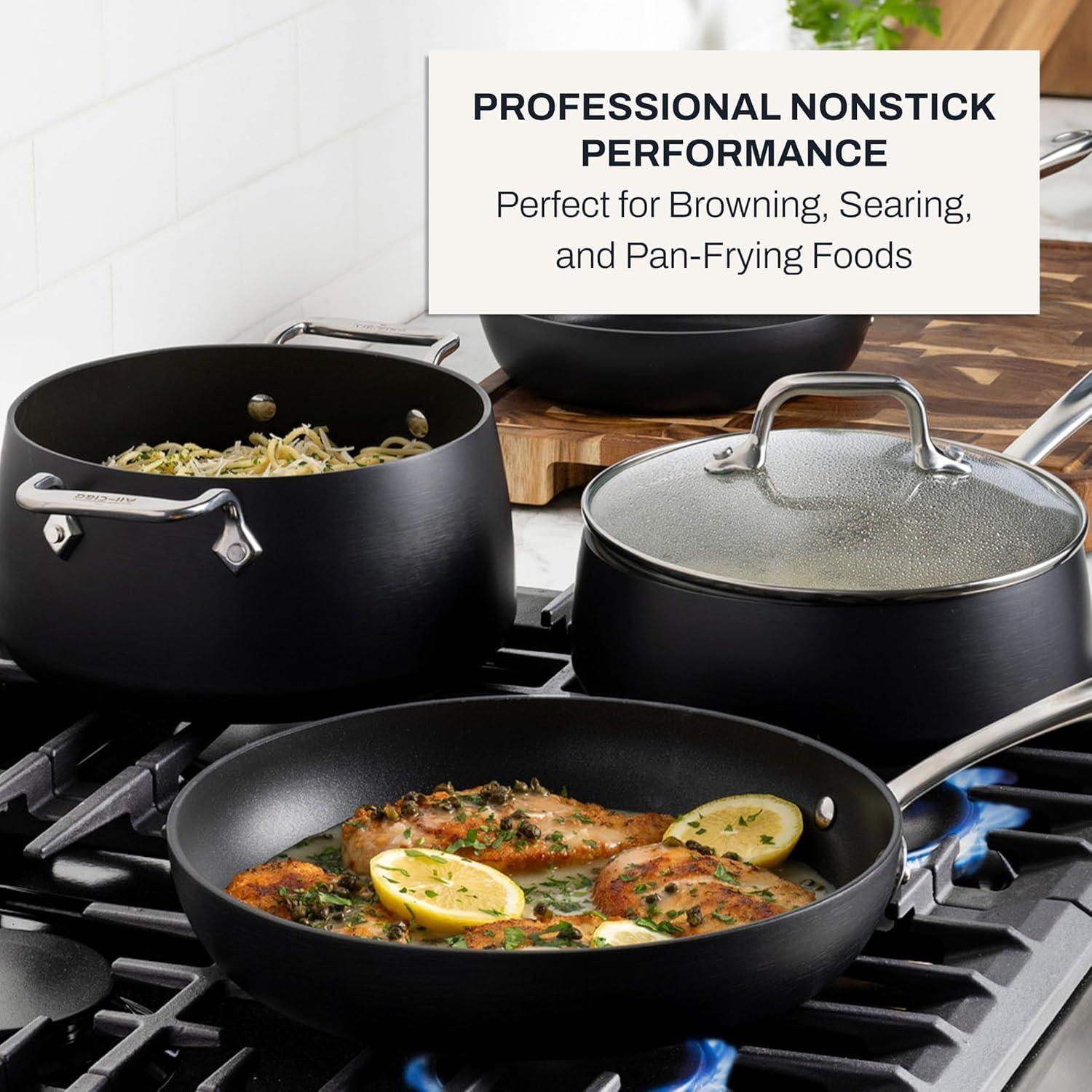 image:imageAllClad Essentials Hard Anodized Nonstick Sauce Pan Set 4 Piece 25 4 Quart Oven Broiler Safe 500F Pots and Pans Cookware Black5 Piece Set