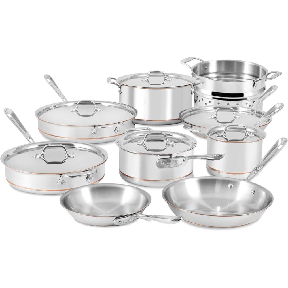 image:imageAllClad Copper Core 5Ply Stainless Steel Cookware Set 10 Piece Induction Oven Broiler Safe 600F Pots and Pans Silver15Piece
