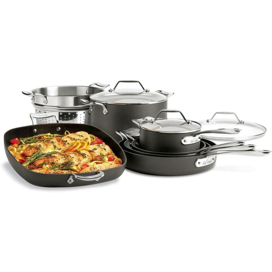 image:imageAllClad Essentials Hard Anodized Nonstick Fry amp Sauce Pan Set 85 Inch  25 Quart Oven Broiler Safe 500F Pots and Pans Cookware Black10Piece Set