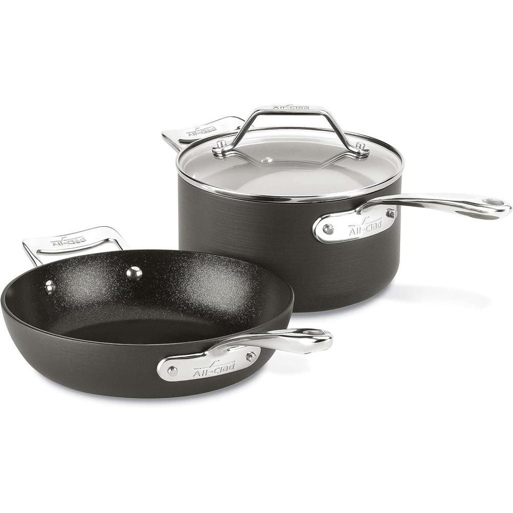 image:imageAllClad Essentials Hard Anodized Nonstick Fry amp Sauce Pan Set 85 Inch 25 Quart Oven Broiler Safe 500F Pots and Pans Cookware Black3Piece Set