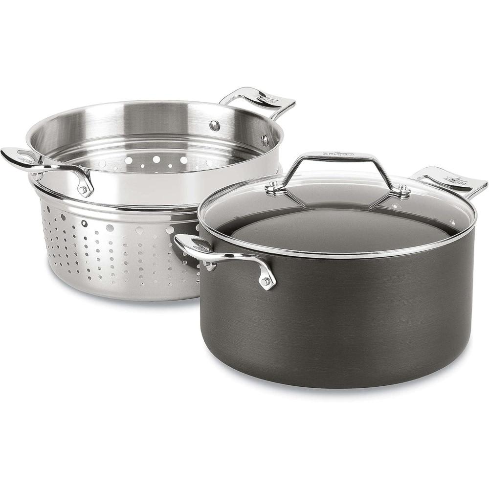 image:imageAllClad Essentials Hard Anodized Nonstick MultiPot 7 Quart Oven Broiler Safe 500F Strainer Pasta Strainer with Handle Pots and Pans Black7quart Non Induction