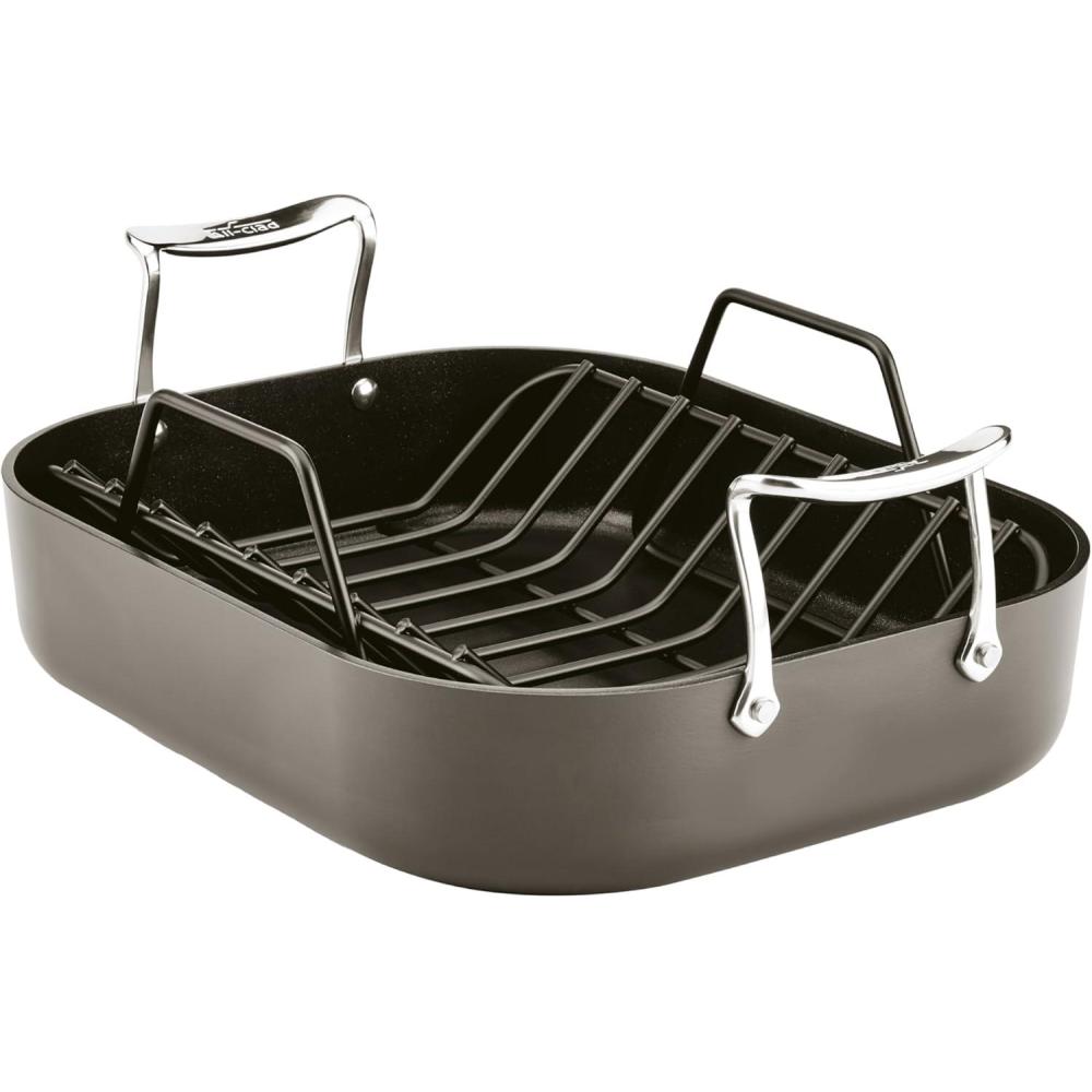 image:imageAllClad Essentials Hard Anodized Nonstick Roaster with Rack 11x14 Inch Oven Broiler Safe 500F Roaster Pan Pots and Pans Cookware Black11 x 14