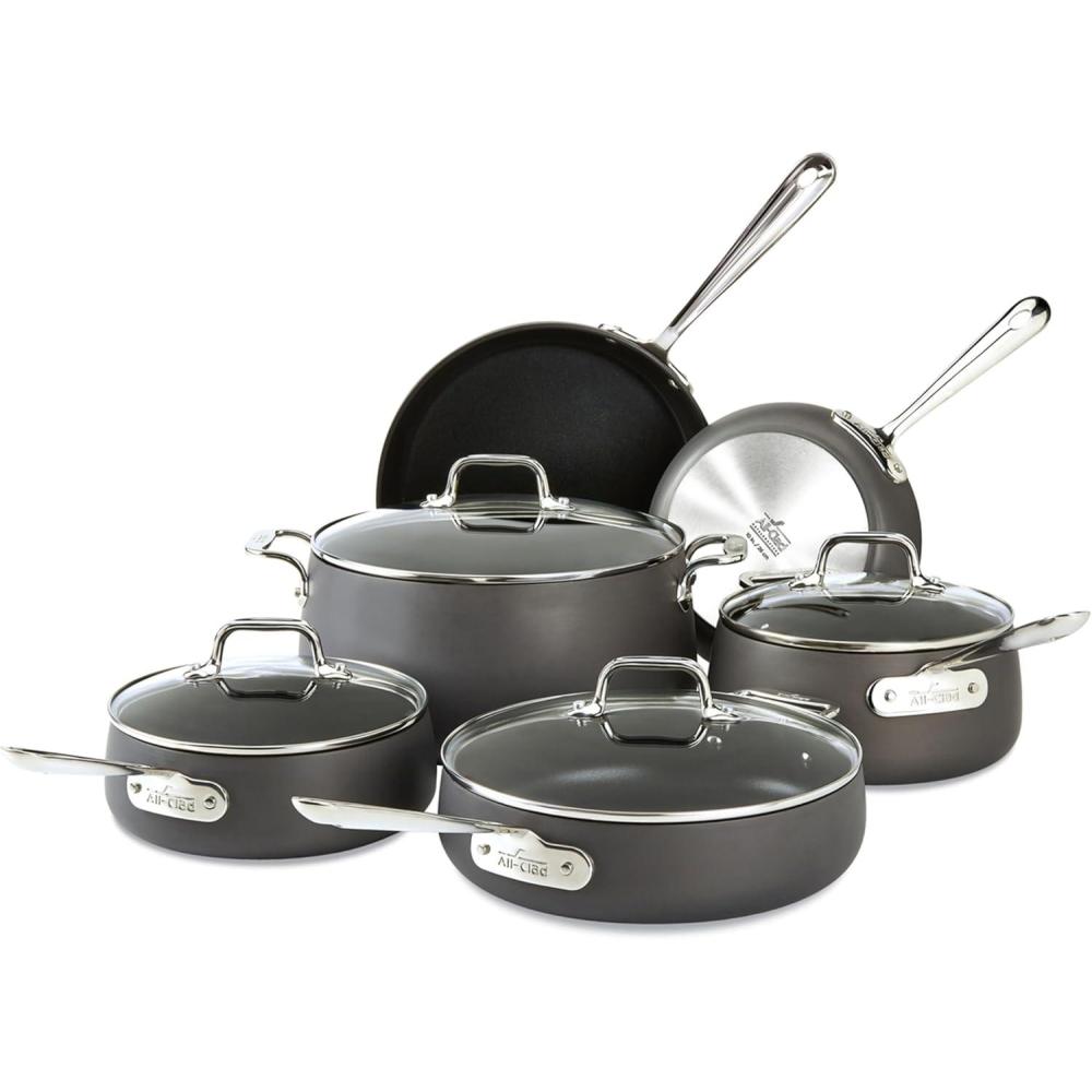 image:imageAllClad Essentials Hard Anodized Nonstick Sauce Pan Set 4 Piece 25 4 Quart Oven Broiler Safe 500F Pots and Pans Cookware Black10 Piece Set