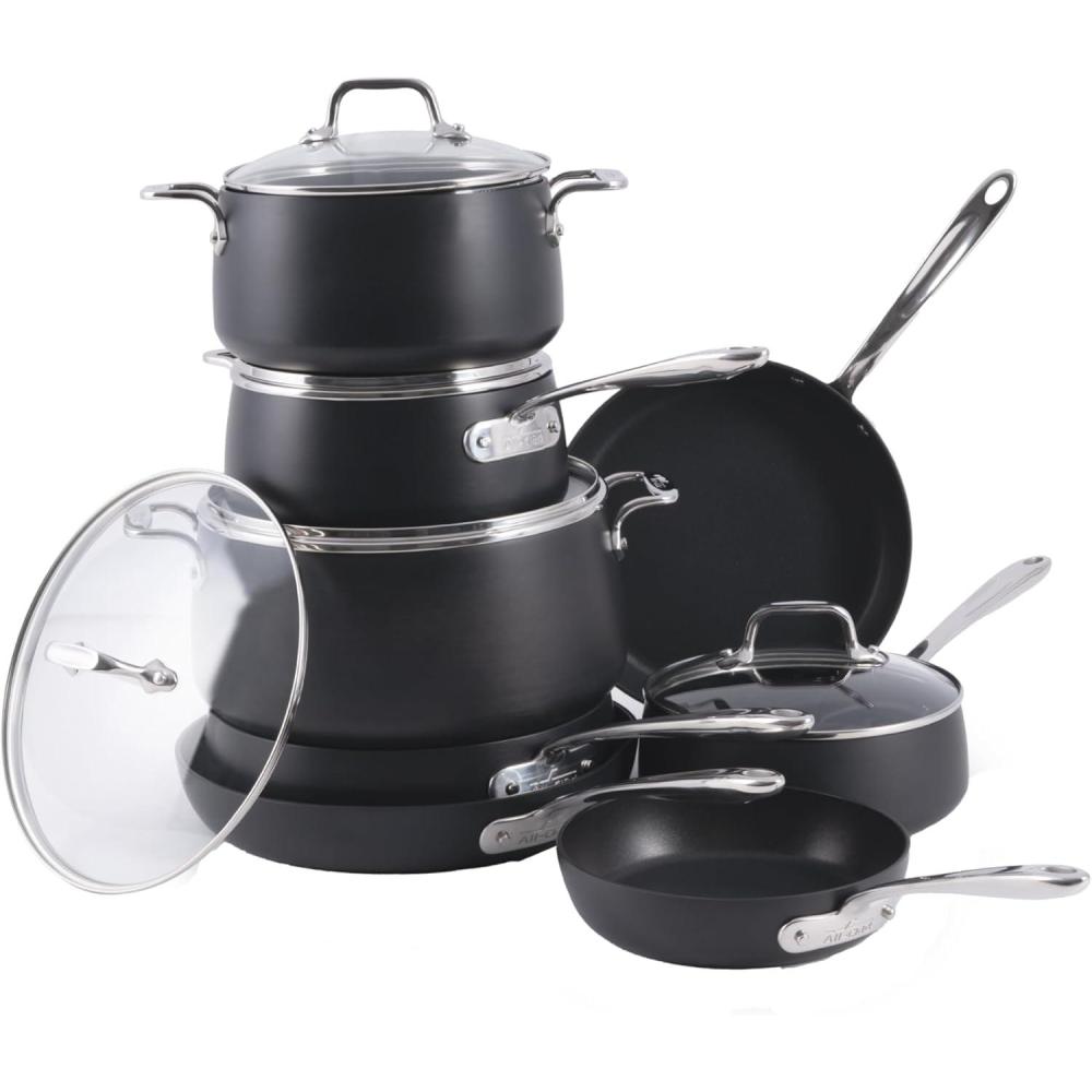 image:imageAllClad Essentials Hard Anodized Nonstick Sauce Pan Set 4 Piece 25 4 Quart Oven Broiler Safe 500F Pots and Pans Cookware Black13 Piece Set