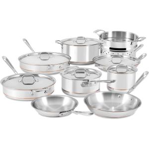 All-Clad Copper Core 5-Ply Stainless Steel Cookware Set 10 Piece Induction Oven Broiler Safe 600F Pots and Pans Silver(15-Piece)