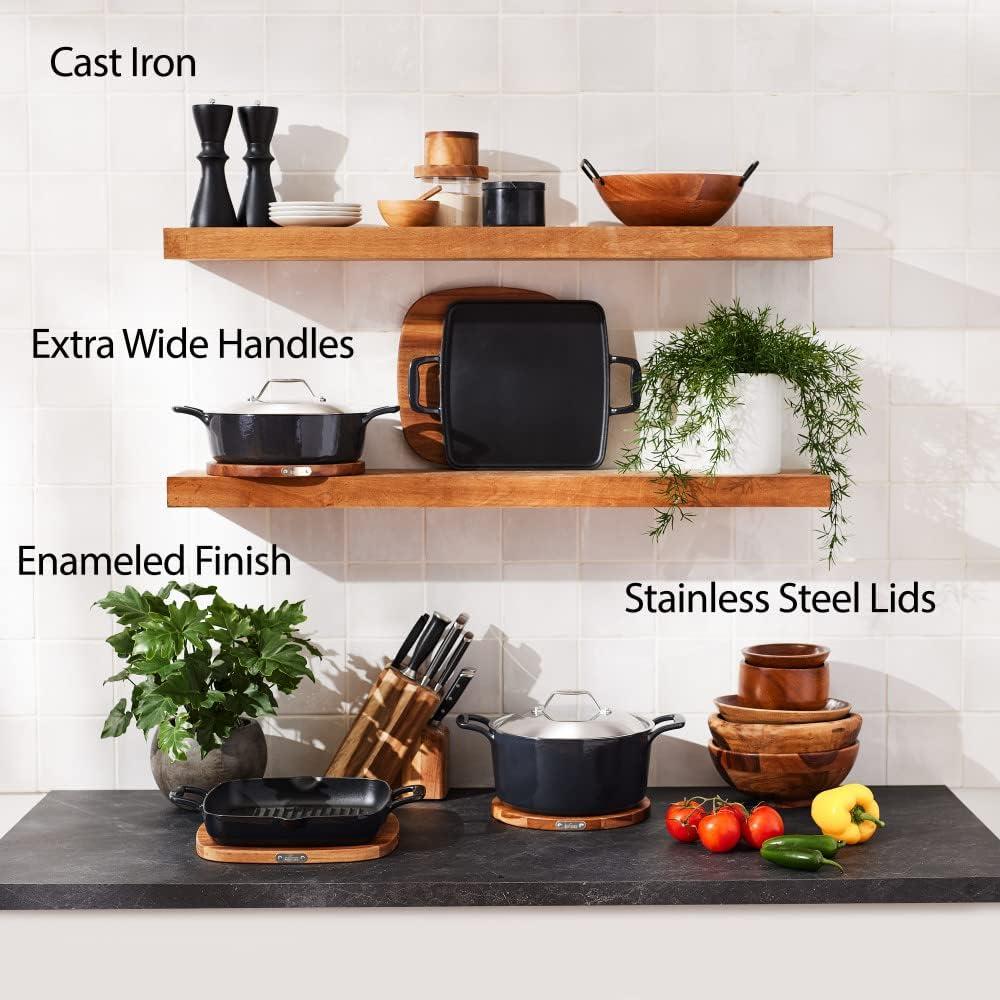 image:imageAllClad Cast Iron Enameled Square Griddle with Acacia Trivet 11 Inch Induction Oven Broiler Safe 650F Pots and Pans Cookware BlackGriddle Pan
