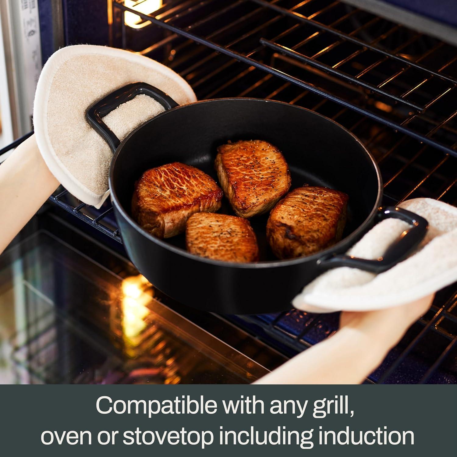 image:imageAllClad Cast Iron Skillet 12 Enameled Cast Iron Pan with Lid Enamel Coating Grill Oven Safe up to 650F amp Compatible with All Stovetops Gas Electric amp Induction EasyClean Frying Pan Black6 Quart