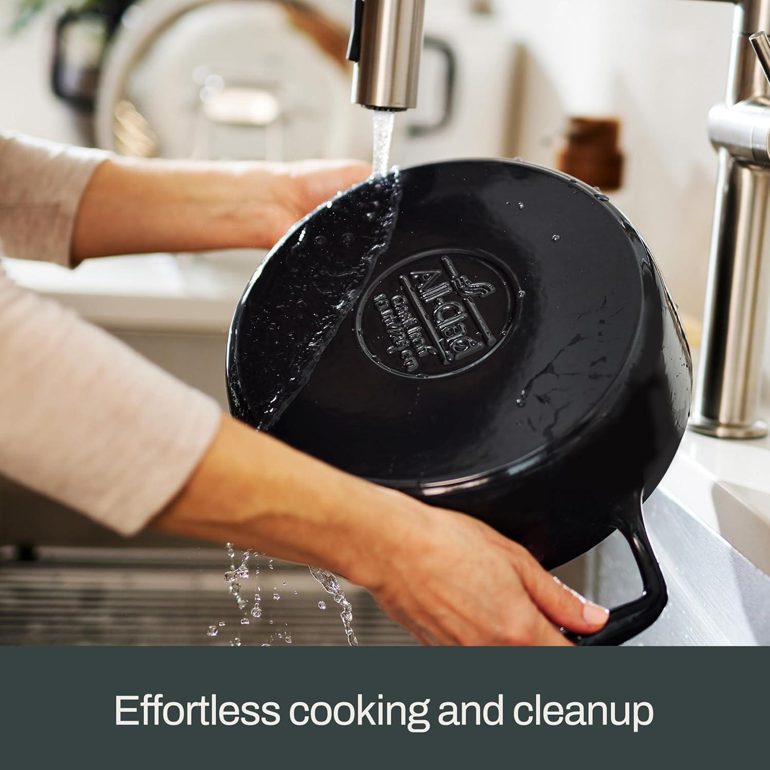 image:imageAllClad Cast Iron Skillet 12 Enameled Cast Iron Pan with Lid Enamel Coating Grill Oven Safe up to 650F amp Compatible with All Stovetops Gas Electric amp Induction EasyClean Frying Pan Black12 Inch