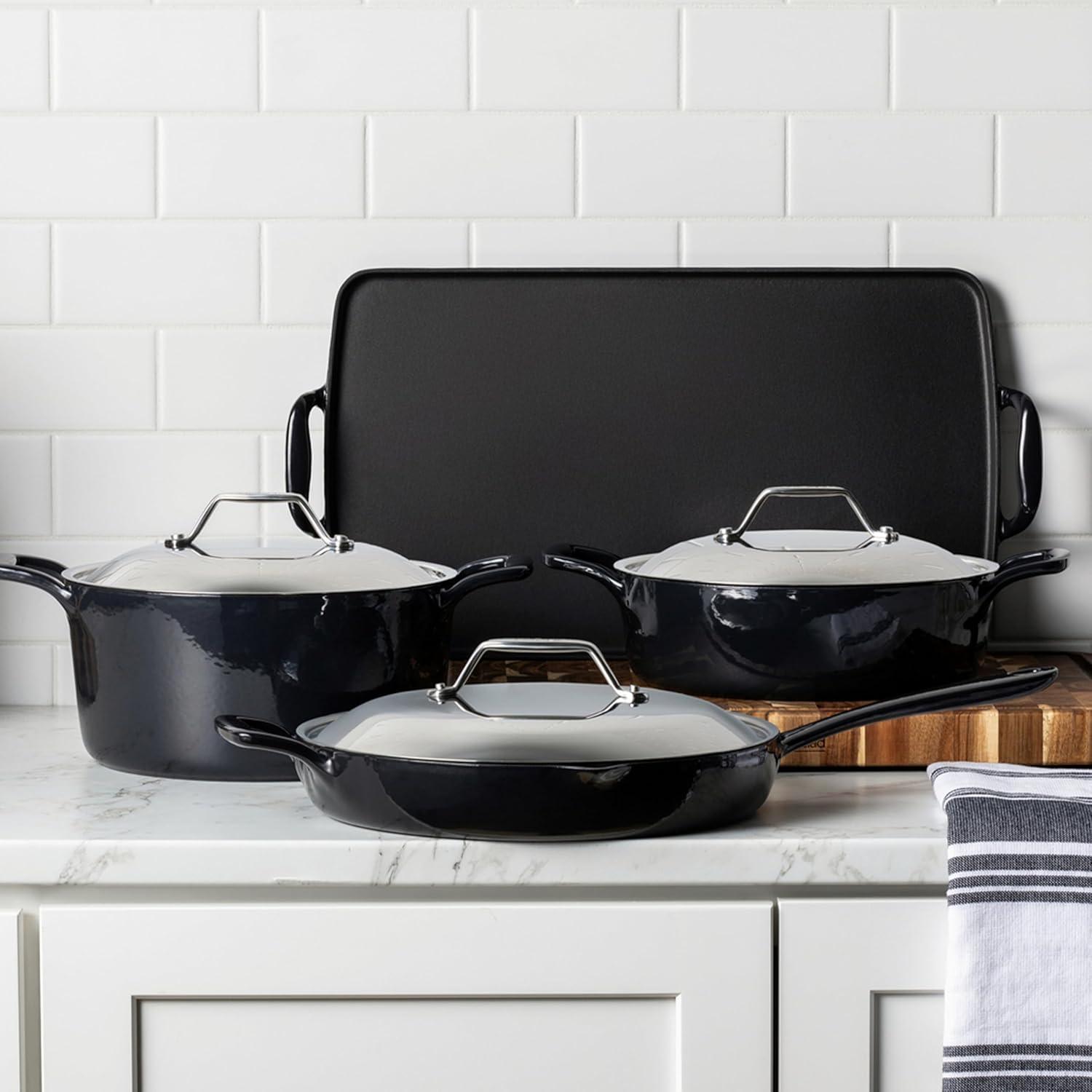image:imageAllClad Cast Iron Skillet 12 Enameled Cast Iron Pan with Lid Enamel Coating Grill Oven Safe up to 650F amp Compatible with All Stovetops Gas Electric amp Induction EasyClean Frying Pan Black4 Quart
