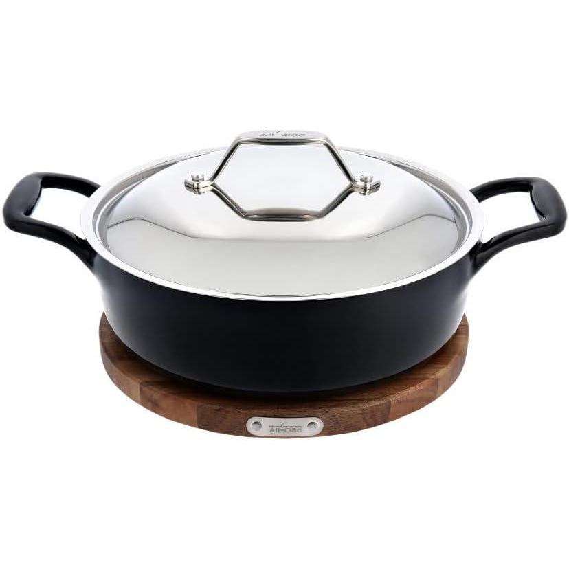 image:imageAllClad Cast Iron Enameled Dutch Oven with Acacia Trivet 6 Quart Induction Oven Broiler Safe 650F Pots and Pans Cookware BlackCast Iron