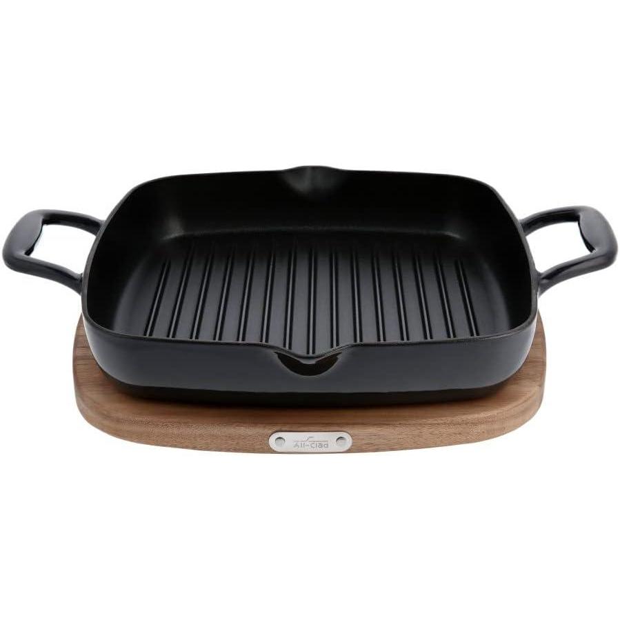 image:imageAllClad Cast Iron Enameled Square Griddle with Acacia Trivet 11 Inch Induction Oven Broiler Safe 650F Pots and Pans Cookware BlackGrill Pan