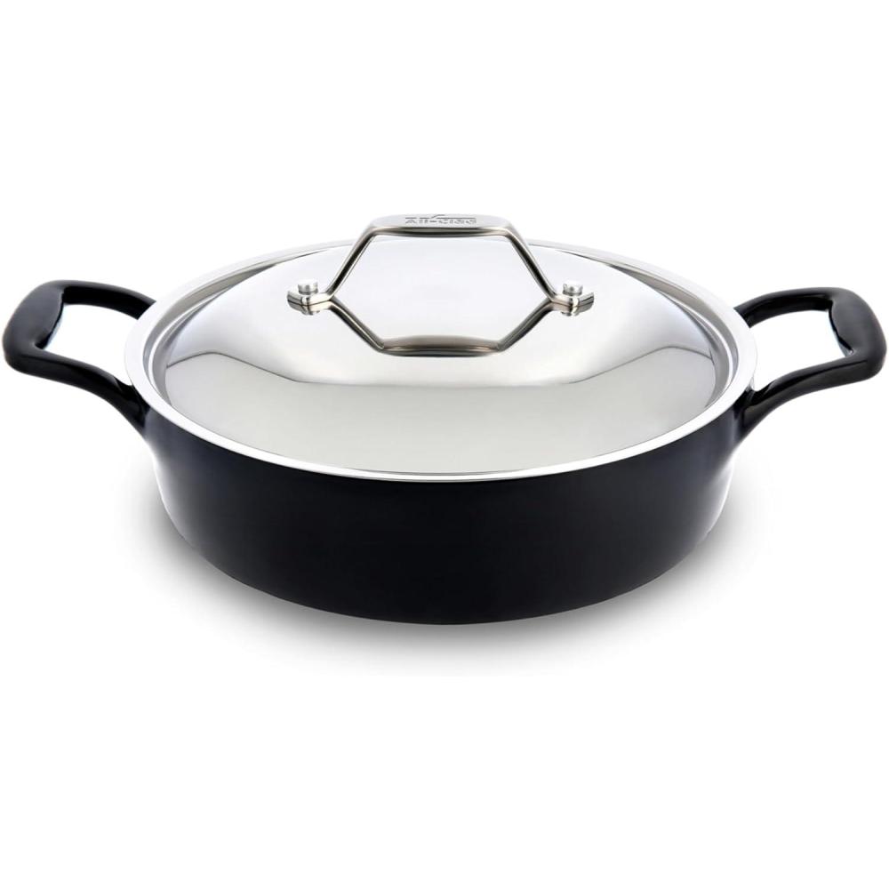 image:imageAllClad Cast Iron Skillet 12 Enameled Cast Iron Pan with Lid Enamel Coating Grill Oven Safe up to 650F amp Compatible with All Stovetops Gas Electric amp Induction EasyClean Frying Pan Black4 Quart