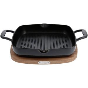 All-Clad Cast Iron Enameled Square Griddle with Acacia Trivet 11 Inch Induction Oven Broiler Safe 650F Pots and Pans, Cookware Black(Grill Pan)