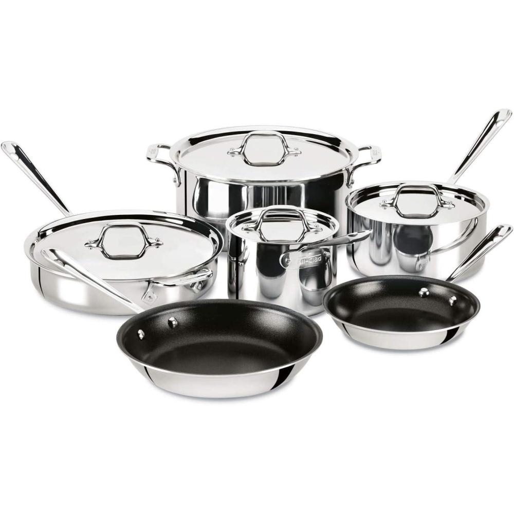 image:imageAllClad D3 3Ply Stainless Steel Non Stick Cookware Set 10 Piece Induction Oven Broiler Safe 600F Kitchen Cooking Set w Frying Pans Saucepans Saute Pan Stockpot Lids Pots and Pans SilverSilver