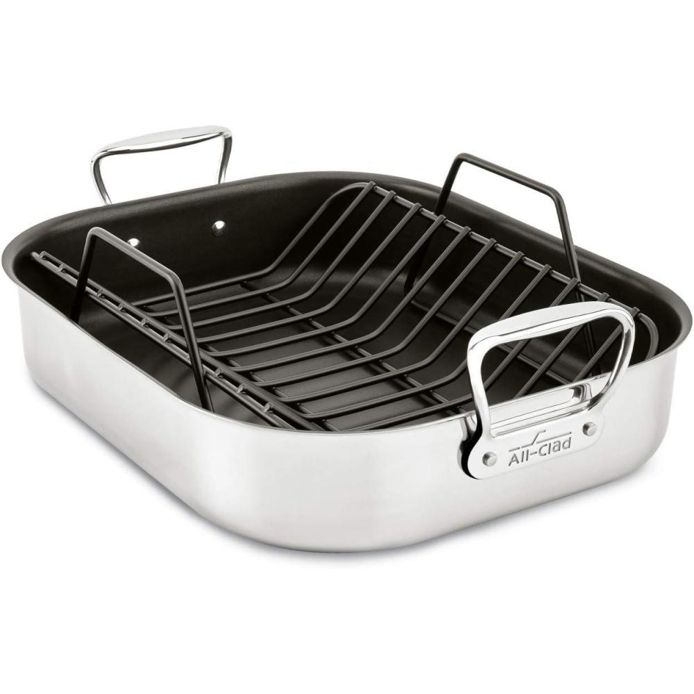 image:imageAllClad Specialty Stainless Steel Large Roaster with Nonstick Rack 13x16 Inch Oven Broiler Safe 500F Roaster Pan Pots and Pans Cookware Silver13x15 in