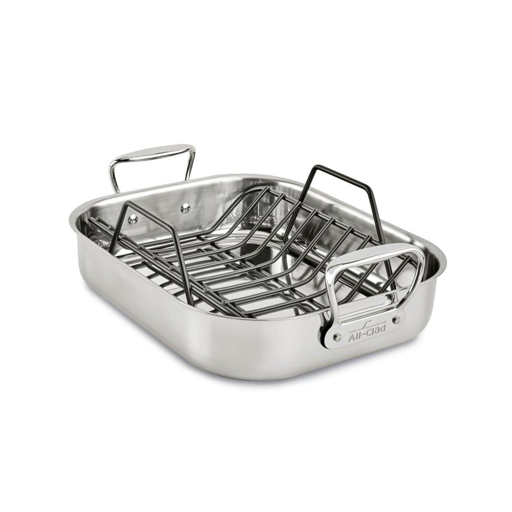 image:imageAllClad Specialty Stainless Steel Roaster with Nonstick Rack 11x14 Inch Oven Broiler Safe 600F Roaster Pan Pots and Pans Bakeware SilverSmall