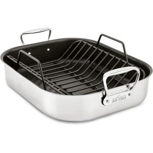 All-Clad Specialty Stainless Steel Large Roaster with Nonstick Rack 13×16 Inch Oven Broiler Safe 500F Roaster Pan, Pots and Pans, Cookware Silver(13×15 in)