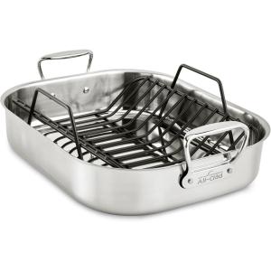 All-Clad Specialty Stainless Steel Large Roaster with Nonstick Rack 13×16 Inch Oven Broiler Safe 500F Roaster Pan, Pots and Pans, Cookware Silver(16×13 in)