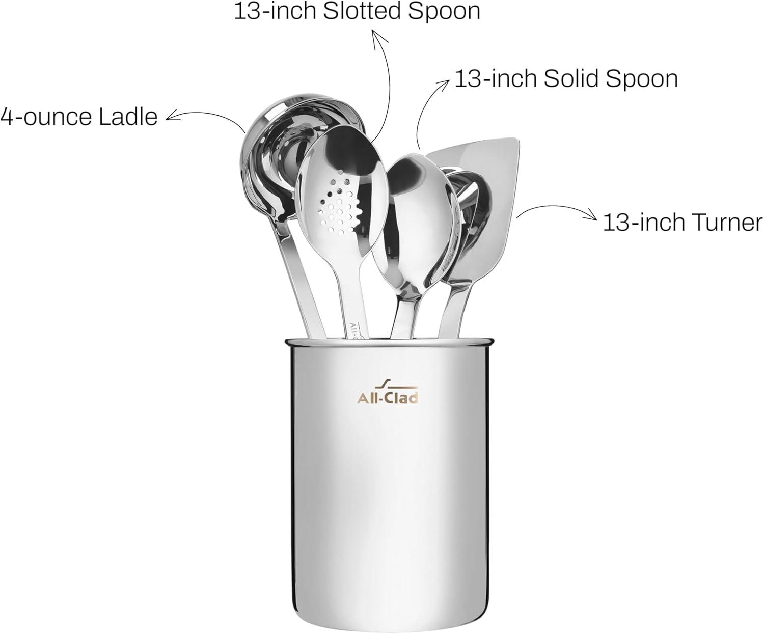 image:imageAllClad 5Piece Stainless Steel Kitchen Utensil Set Includes Ladle Solid Spoon Slotted Spoon Turner amp Storage Caddy HeavyGauge Ergonomic Dishwasher Safe Silver
