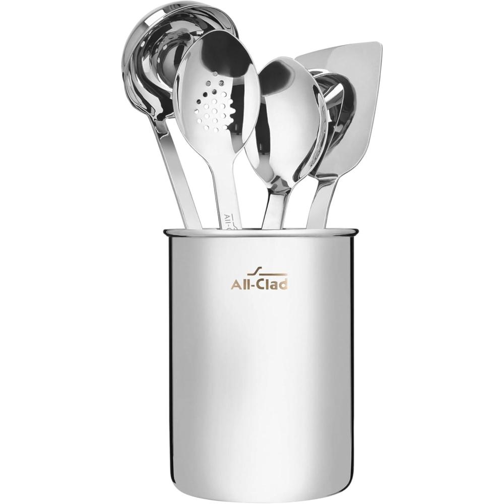 image:imageAllClad 5Piece Stainless Steel Kitchen Utensil Set  Includes Ladle Solid Spoon Slotted Spoon Turner amp Storage Caddy  HeavyGauge Ergonomic Dishwasher Safe Silver
