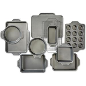 All-Clad Pro-Release Nonstick Bakeware Set 3 Piece Oven Safe 450F Half Sheet, Cookie Sheet, Muffin Pan, Cooling & Baking Rack, Round Cake Pan, Loaf Pan, Baking Pan Grey(10-Piece)