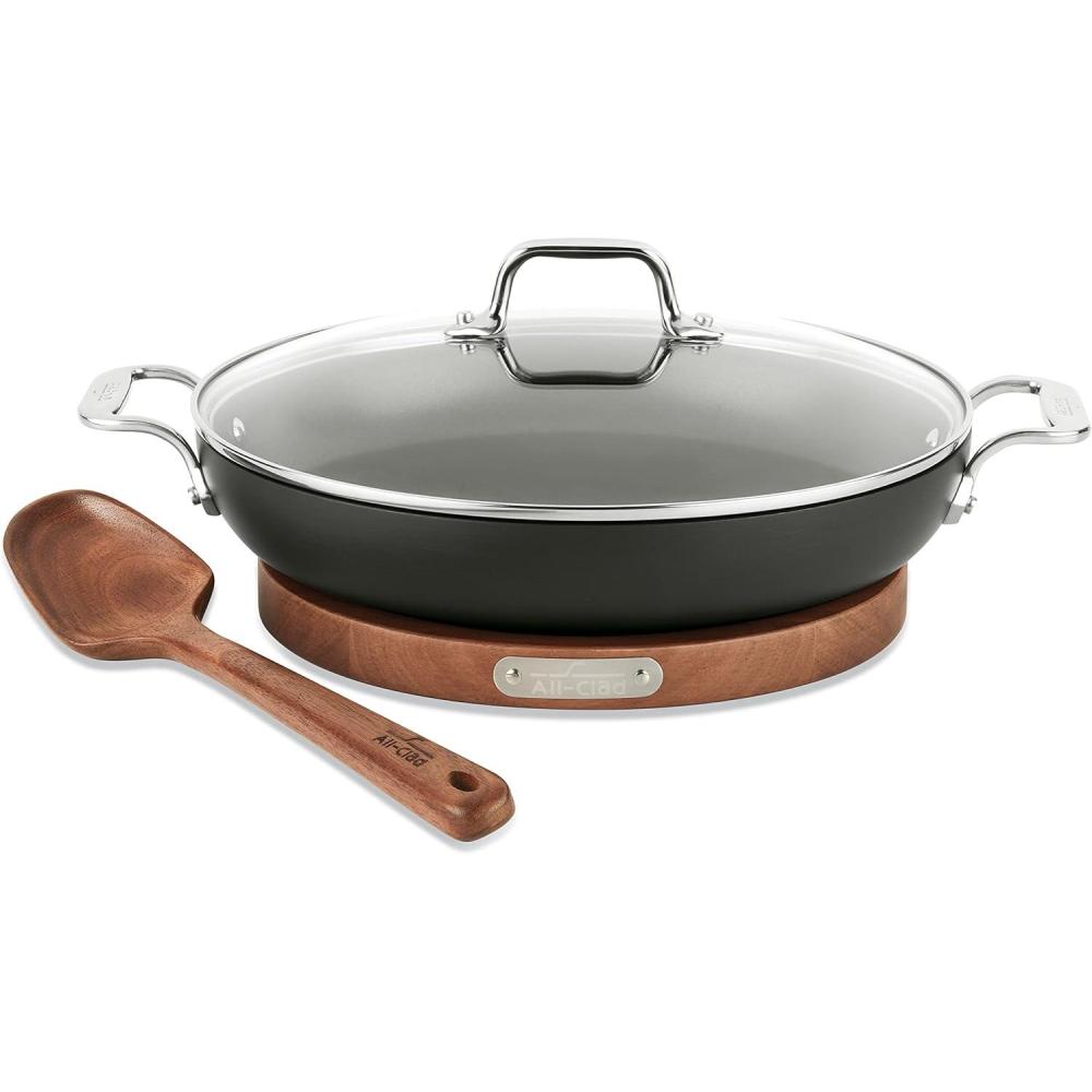 image:imageAllClad HA1 Hard Anodized Nonstick Sauteuse Pan with Acacia Trivet and Spoon 4 Piece 4 Quart Induction Oven Broiler Safe 500F Lid Safe 350F Pots and Pans Cookware Black3Quart