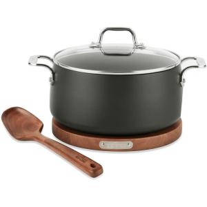 All-Clad HA1 Hard Anodized Nonstick Sauteuse Pan with Acacia Trivet and Spoon 4 Piece, 4 Quart Induction Oven Broiler Safe 500F, Lid Safe 350F Pots and Pans, Cookware Black(6 Quarts)