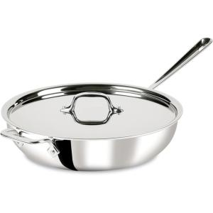 All-Clad D3 3-Ply Stainless Steel Large Weeknight Fry Pan with Lid 4 Quart, Induction, Oven Broiler Safe 600F, Fast and Even Heat, Pots and Pans, Cooking Frying Pan, Skillet, Kitchen, Cookware, Silver(Silver)