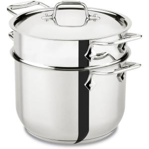 All-Clad Specialty Stainless Steel Stockpot, Multi-Pot with Strainer 3 Piece, 6 Quart Induction Oven Broiler Safe 500F Strainer, Pasta Strainer with Handle, Pots and Pans Silver(Silver)