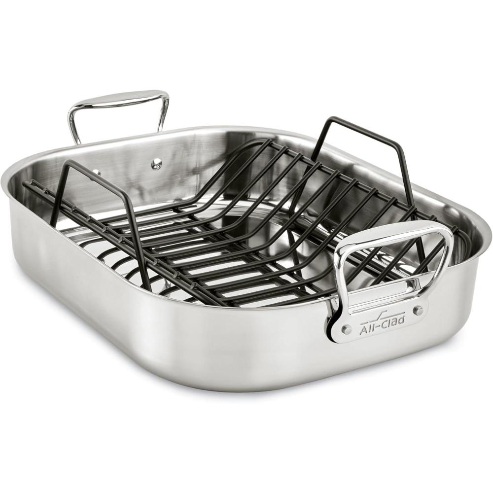 image:imageAllClad Specialty Stainless Steel Roaster with Nonstick Rack 11x14 Inch Oven Broiler Safe 500F Roaster Pan Pots and Pans Cookware Silver16x13 in