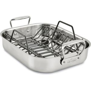 All-Clad Specialty Stainless Steel Roaster with Nonstick Rack 11×14 Inch Oven Broiler Safe 500F Roaster Pan, Pots and Pans, Cookware Silver(11×14 in)